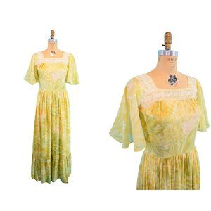 Vintage 1970s Yellow Maxi Dress Floral Flutter Sleeves Bohemian | W 29"